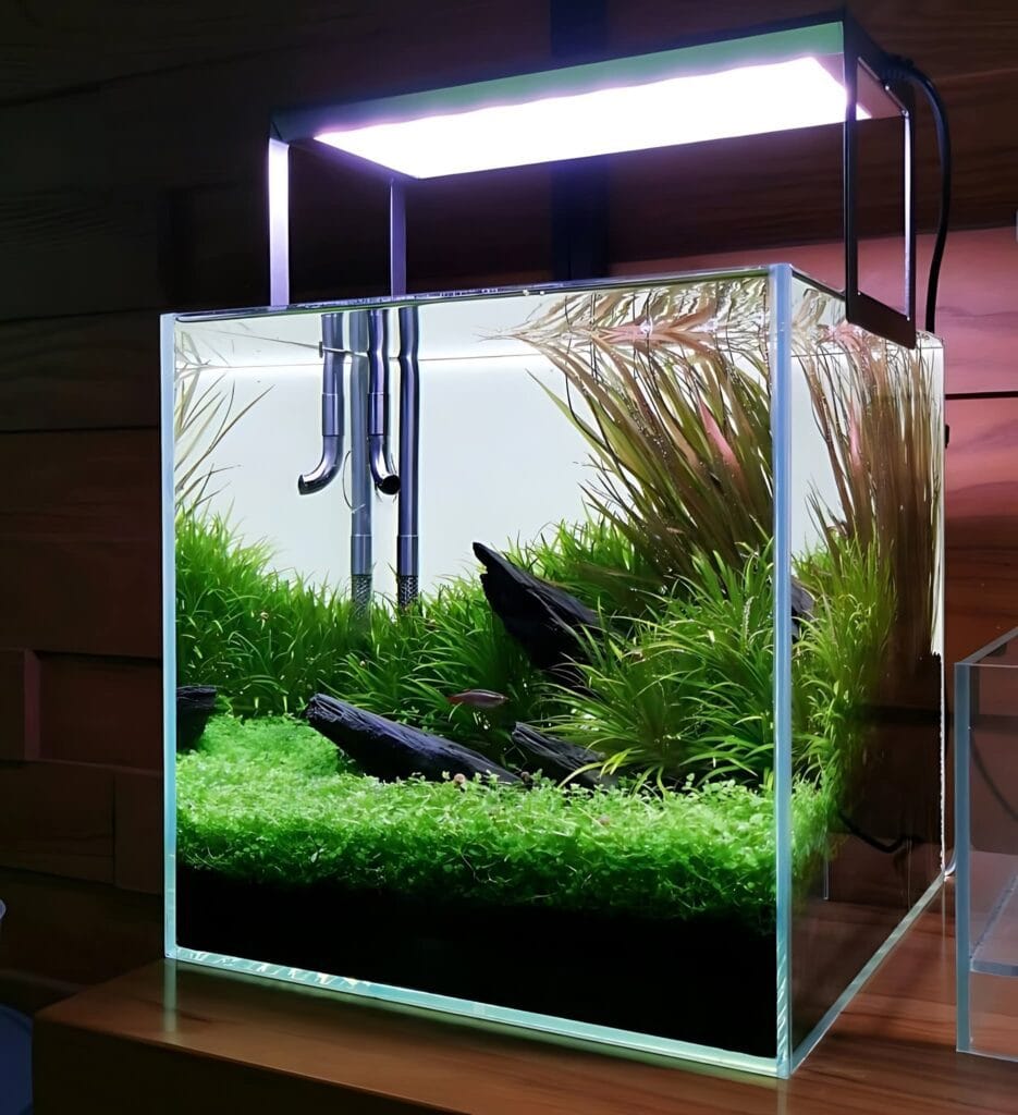 small aquascape aquarium with substrate and lighting system