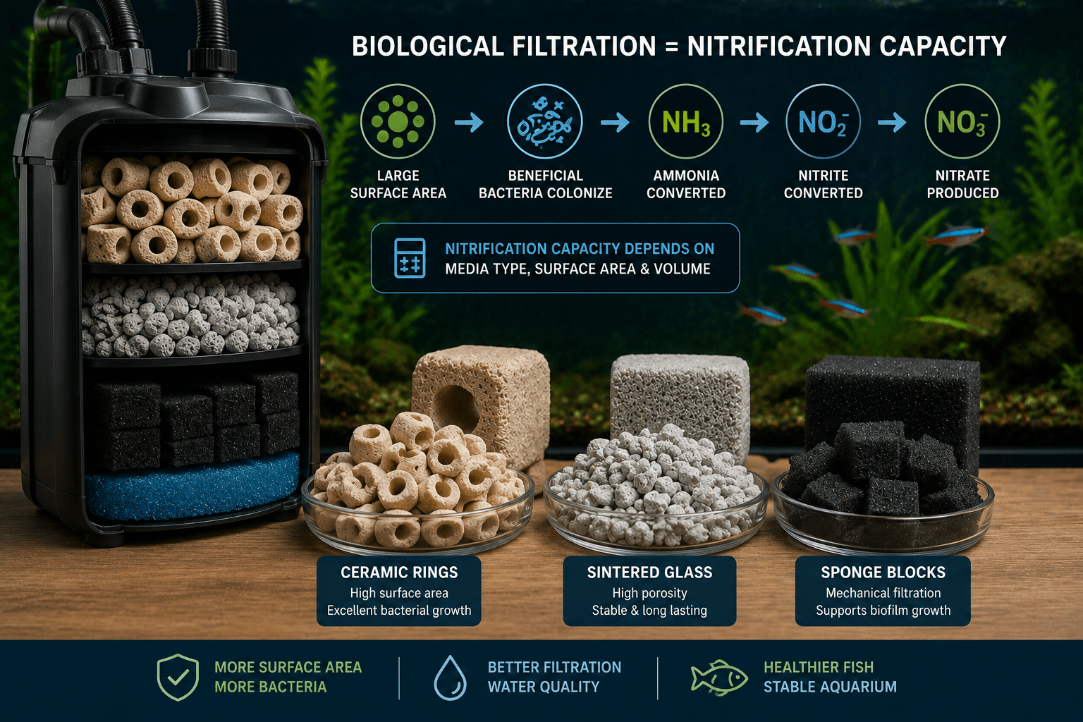 Aquarium canister filter media — ceramic rings, sintered glass and sponge blocks showing different biological media types used for nitrification capacity calculations