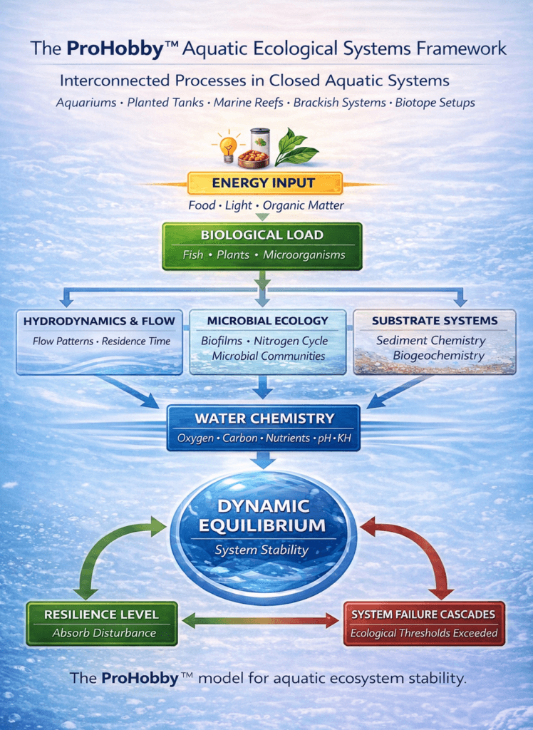 Aquatic ecological systems framework showing interactions between biological load, microbial ecology, hydrodynamics, substrate processes and water chemistry leading to dynamic equilibrium in aquariums