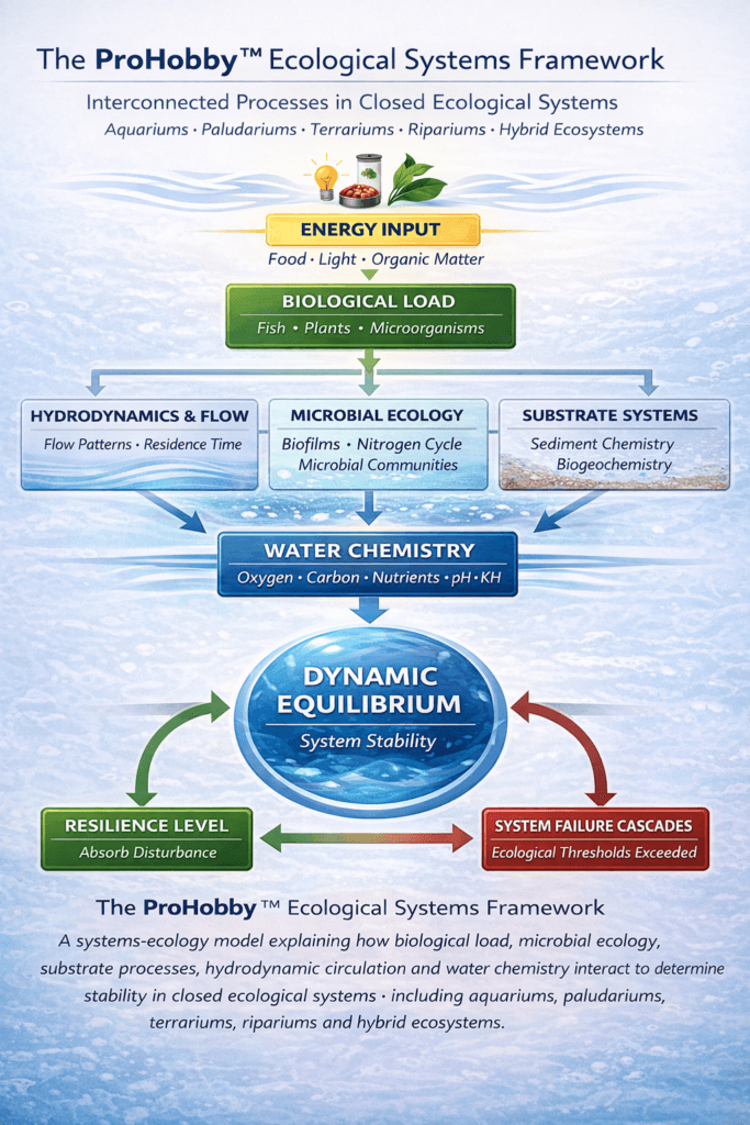 ProHobby Ecological Systems Framework showing how biological load, microbial ecology, hydrodynamics, substrate systems and water chemistry interact to determine stability in closed ecological systems.