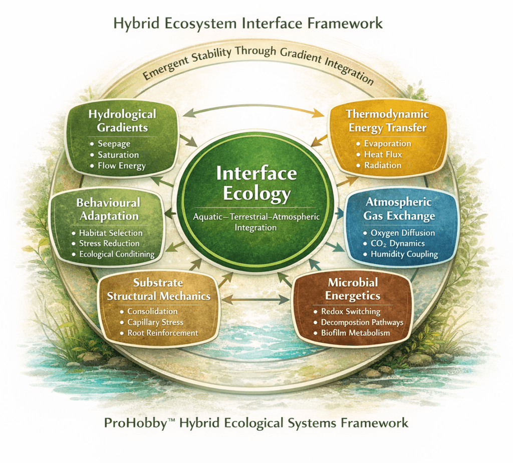 Hybrid ecosystem framework diagram showing interactions between hydrology, thermodynamics, microbial processes, atmospheric exchange, substrate mechanics and behavioural ecology in paludarium-type systems.