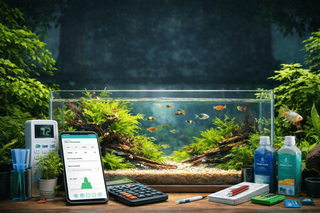 Aquarium with fish, aquascape, and tools for stocking, dosing, lighting, water changes, and tank planning