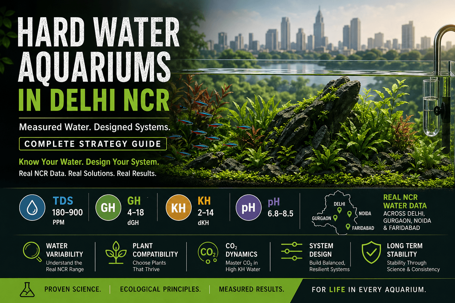Aquarium water testing in Delhi NCR showing TDS, GH and KH variation across different water sources