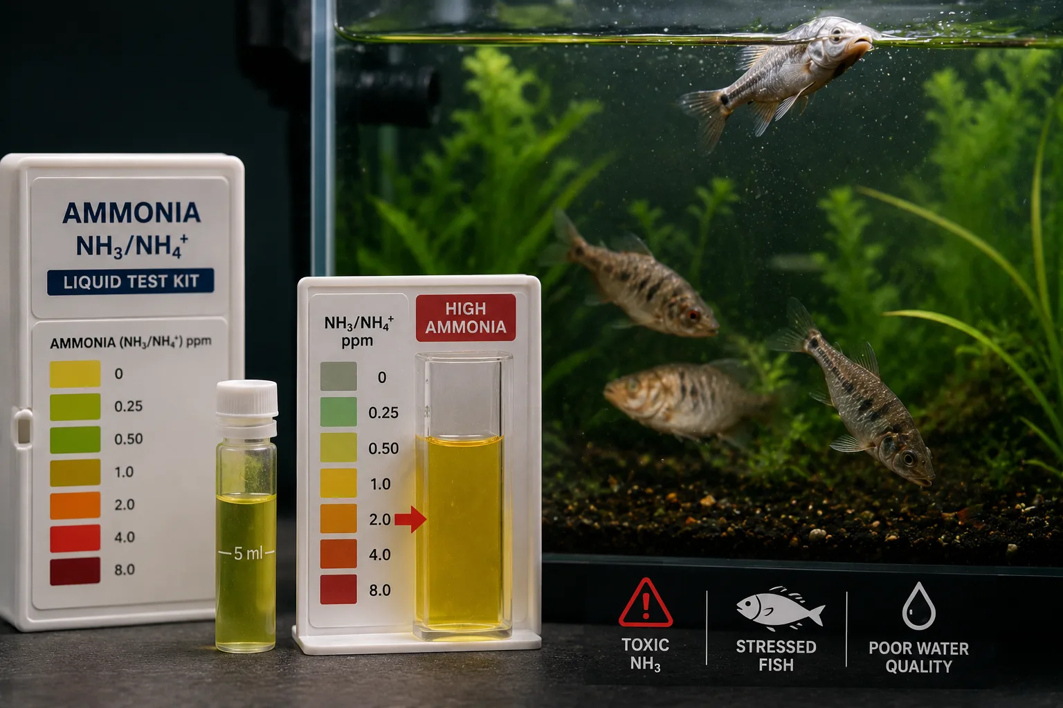 Liquid ammonia test kit showing elevated reading in aquarium water sample alongside a fish tank with visibly stressed fish