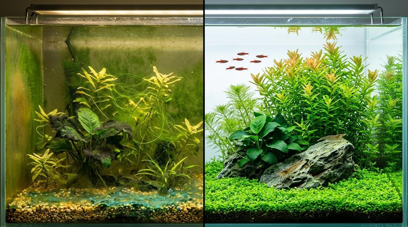 Aquarium failure showing algae plant melt and unstable conditions compared to healthy planted tank