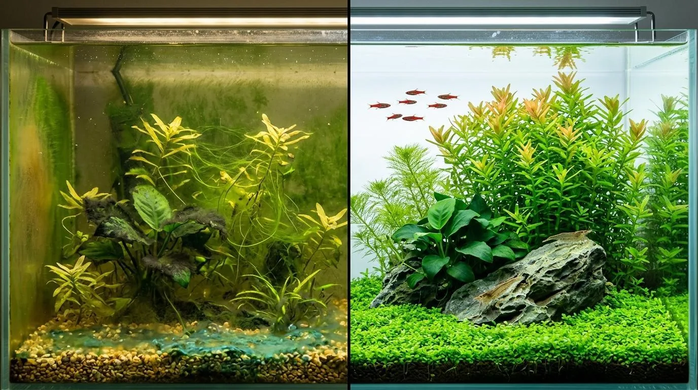 Aquarium failure showing algae plant melt and unstable conditions compared to healthy planted tank