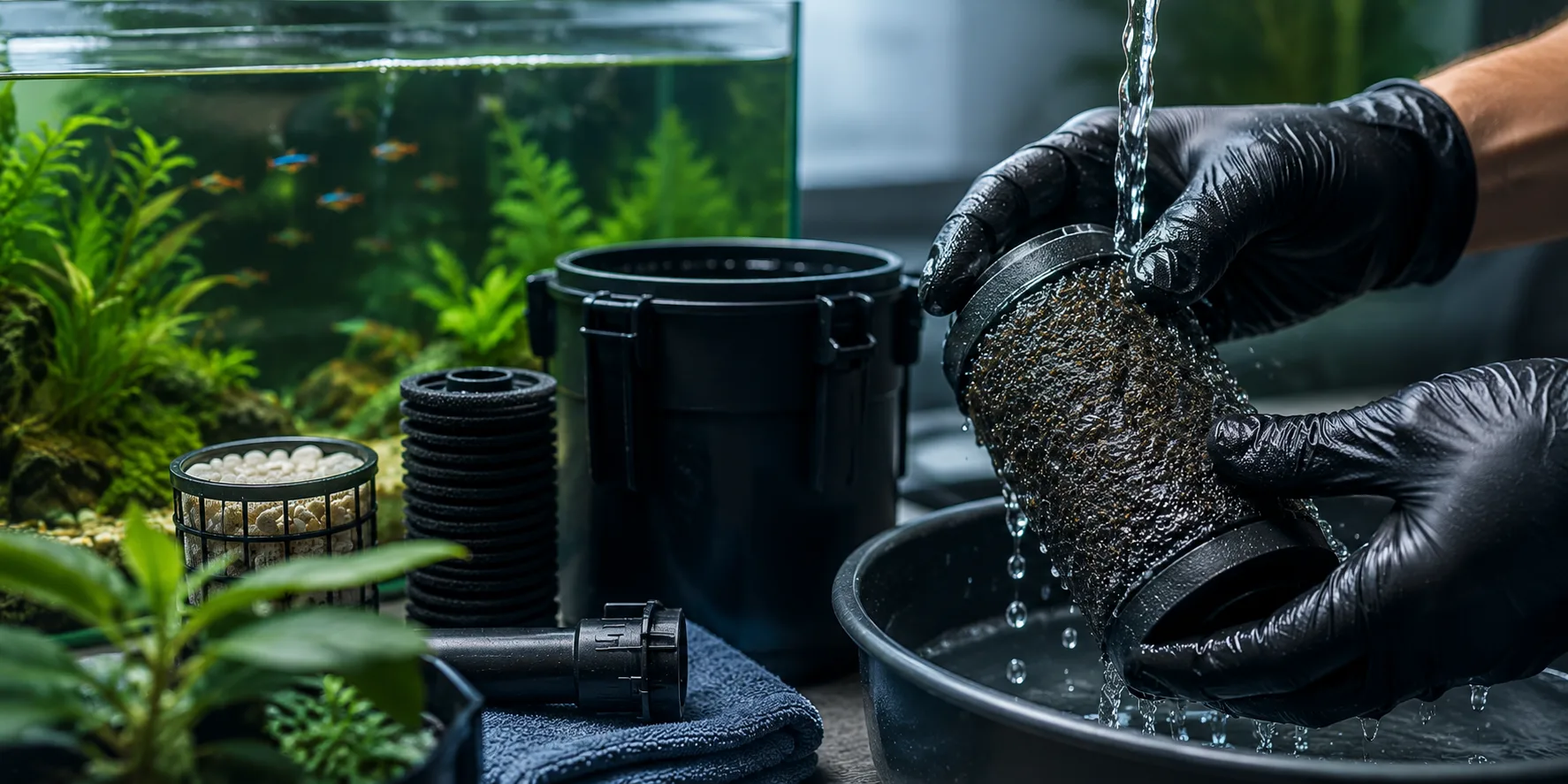 Cleaning aquarium filter media safely in tank water to preserve beneficial bacteria and biological filtration stability