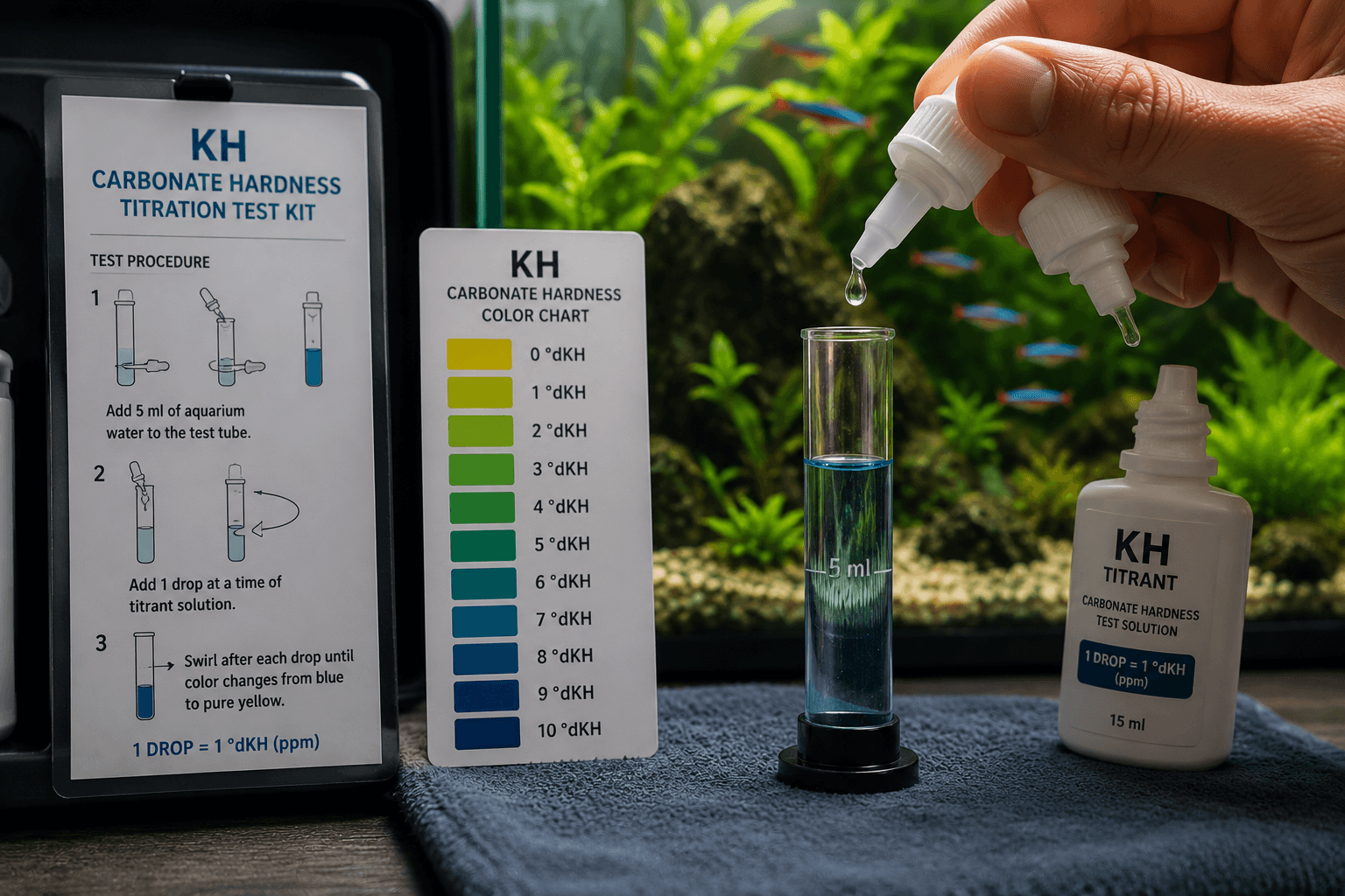 Testing aquarium KH (carbonate hardness) with liquid titration test kit