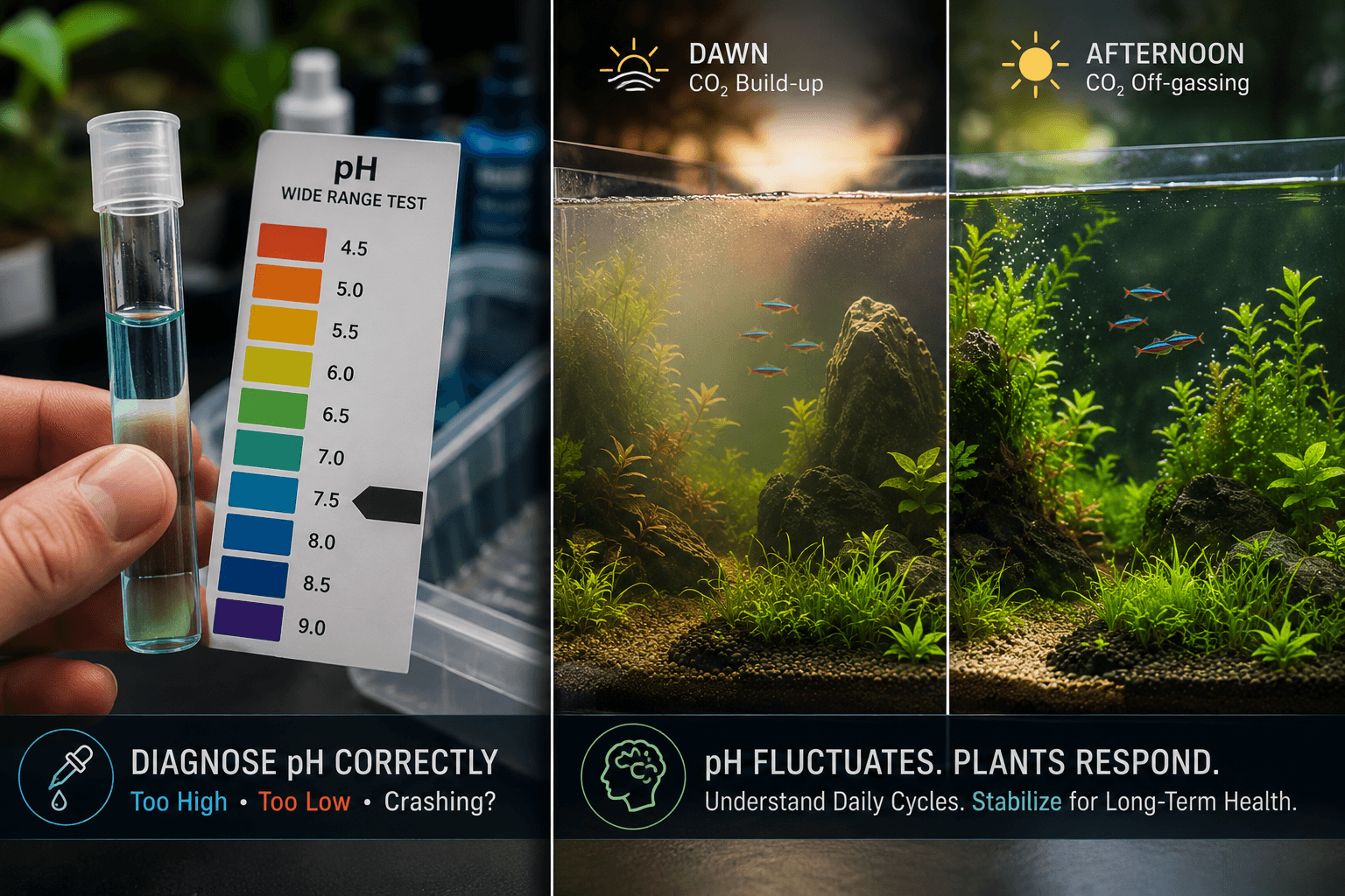 Aquarium pH test kit showing reading — diagnosing pH too high, too low, or crashing