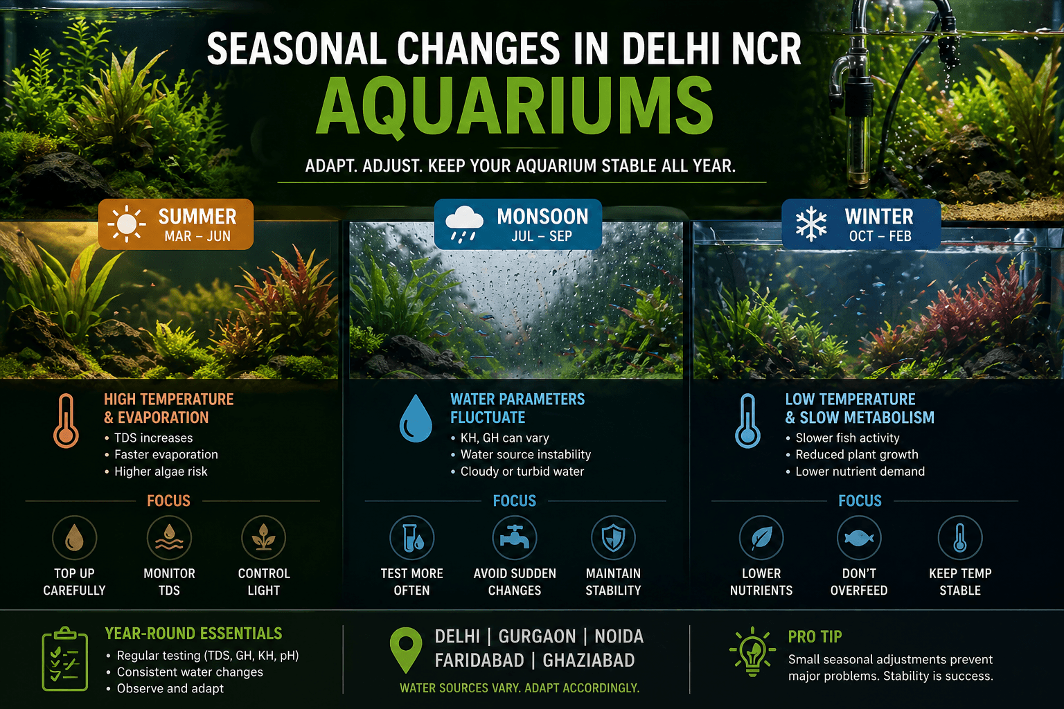 Aquarium water changes and seasonal variation showing TDS testing and maintenance in Delhi NCR