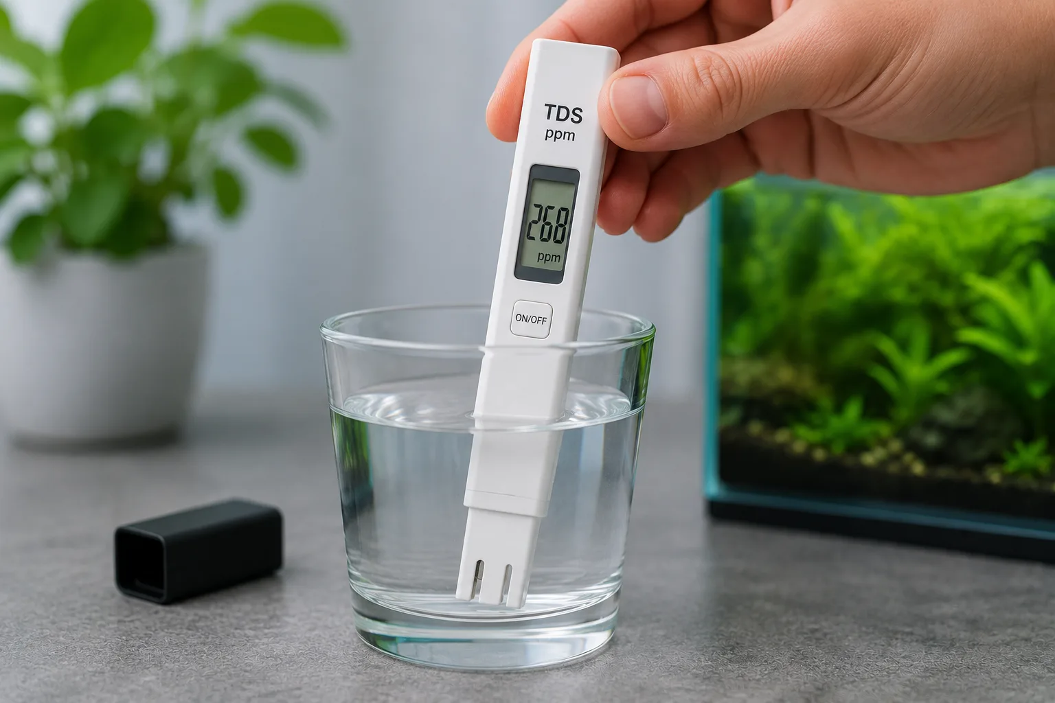 Testing aquarium TDS (total dissolved solids) with a digital pen meter