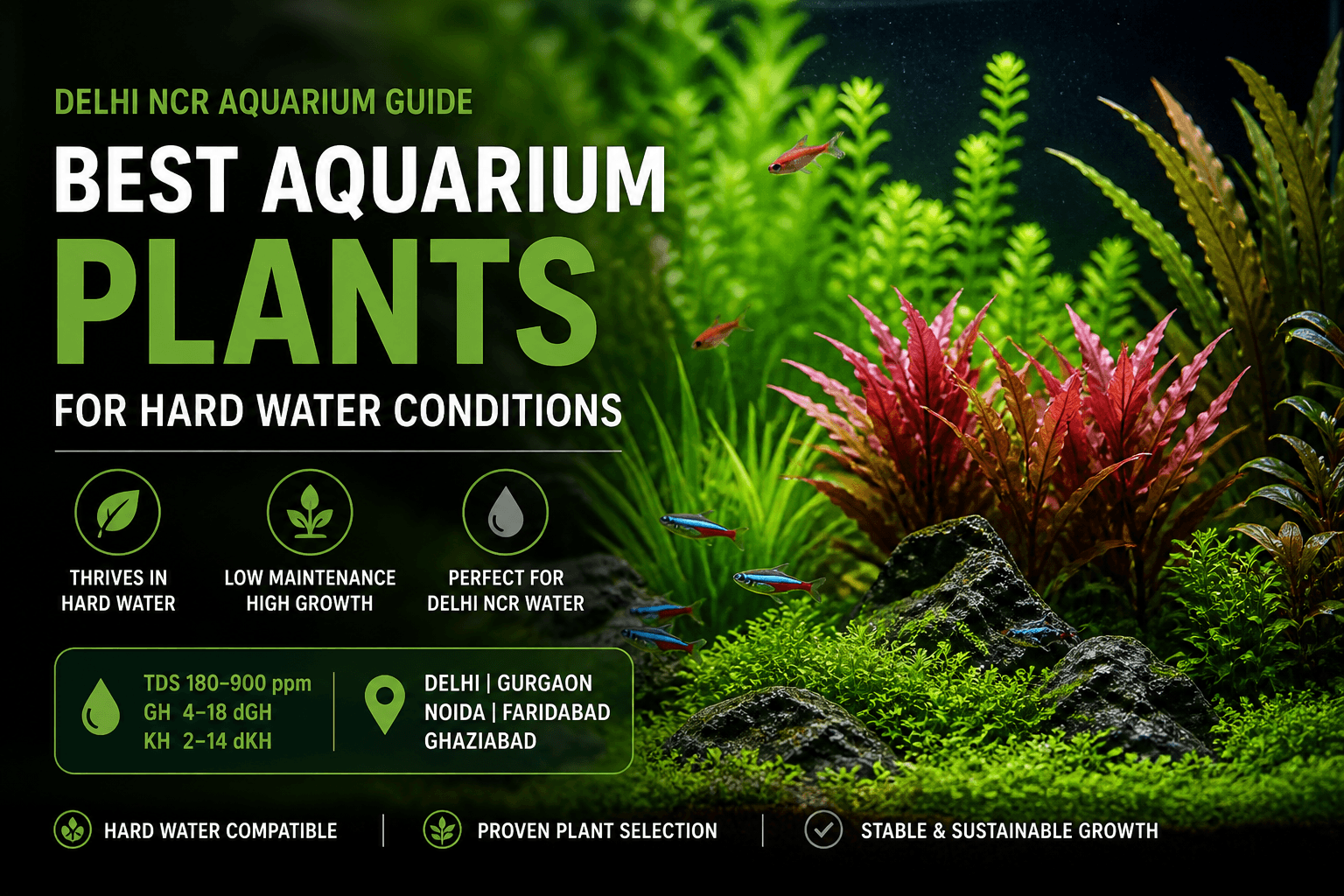 Best aquarium plants for Delhi NCR water including hardy species for high TDS GH KH conditions
