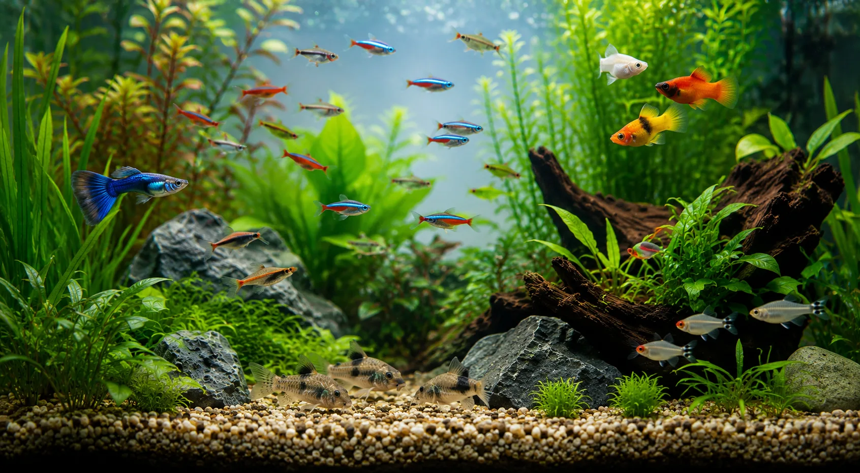 Peaceful community aquarium with schooling fish at multiple water column levels — danios, corydoras and platies in a planted freshwater tank