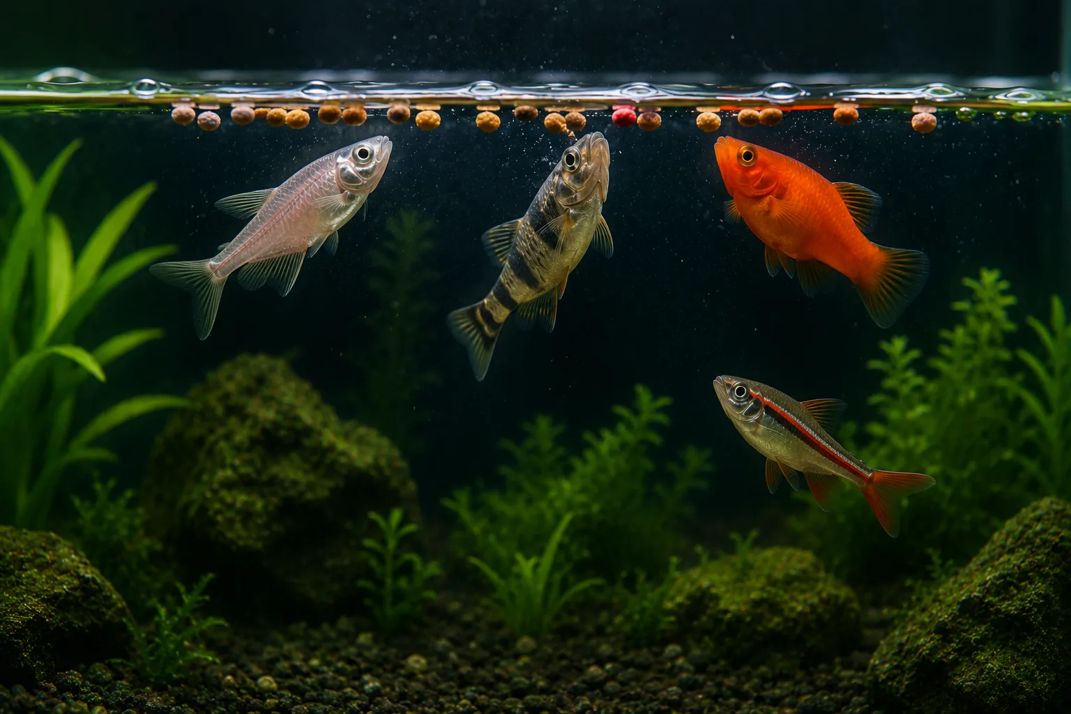 Aquarium fish hovering near the surface ignoring food floating at the water line — illustrating the common problem of fish not eating in home aquariums