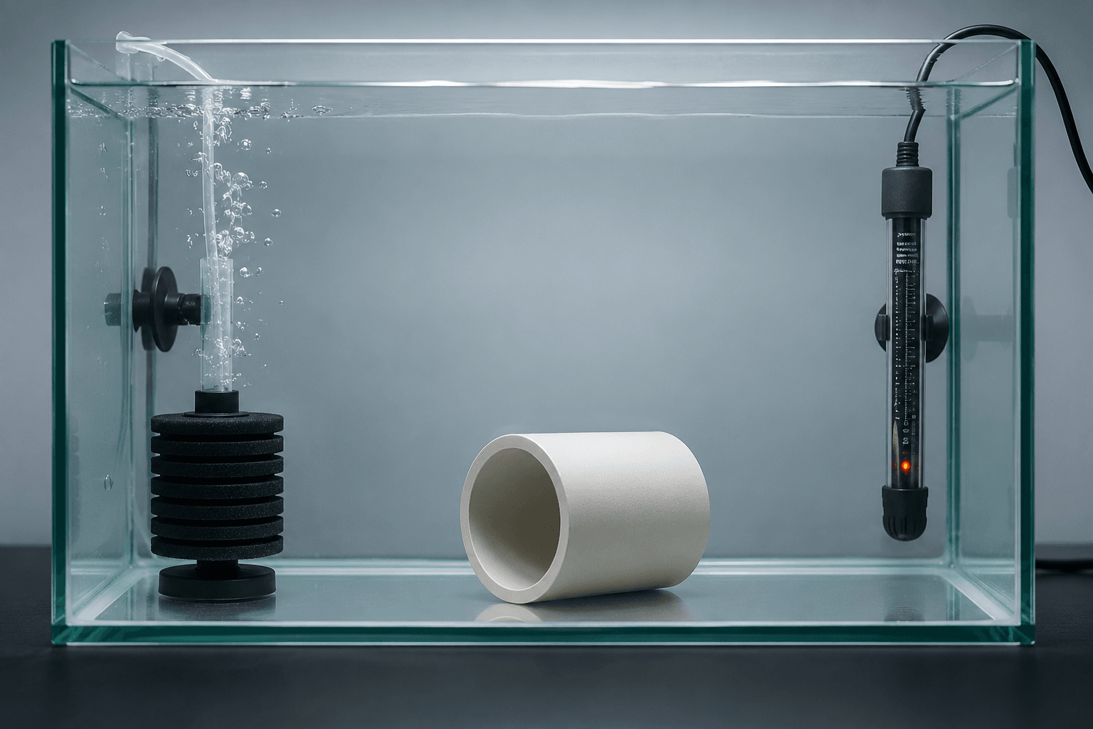 Hospital tank setup for treating sick aquarium fish — bare bottom tank with sponge filter and minimal equipment