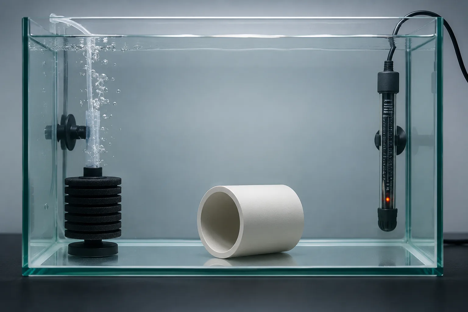 Hospital tank setup for treating sick aquarium fish — bare bottom tank with sponge filter and minimal equipment