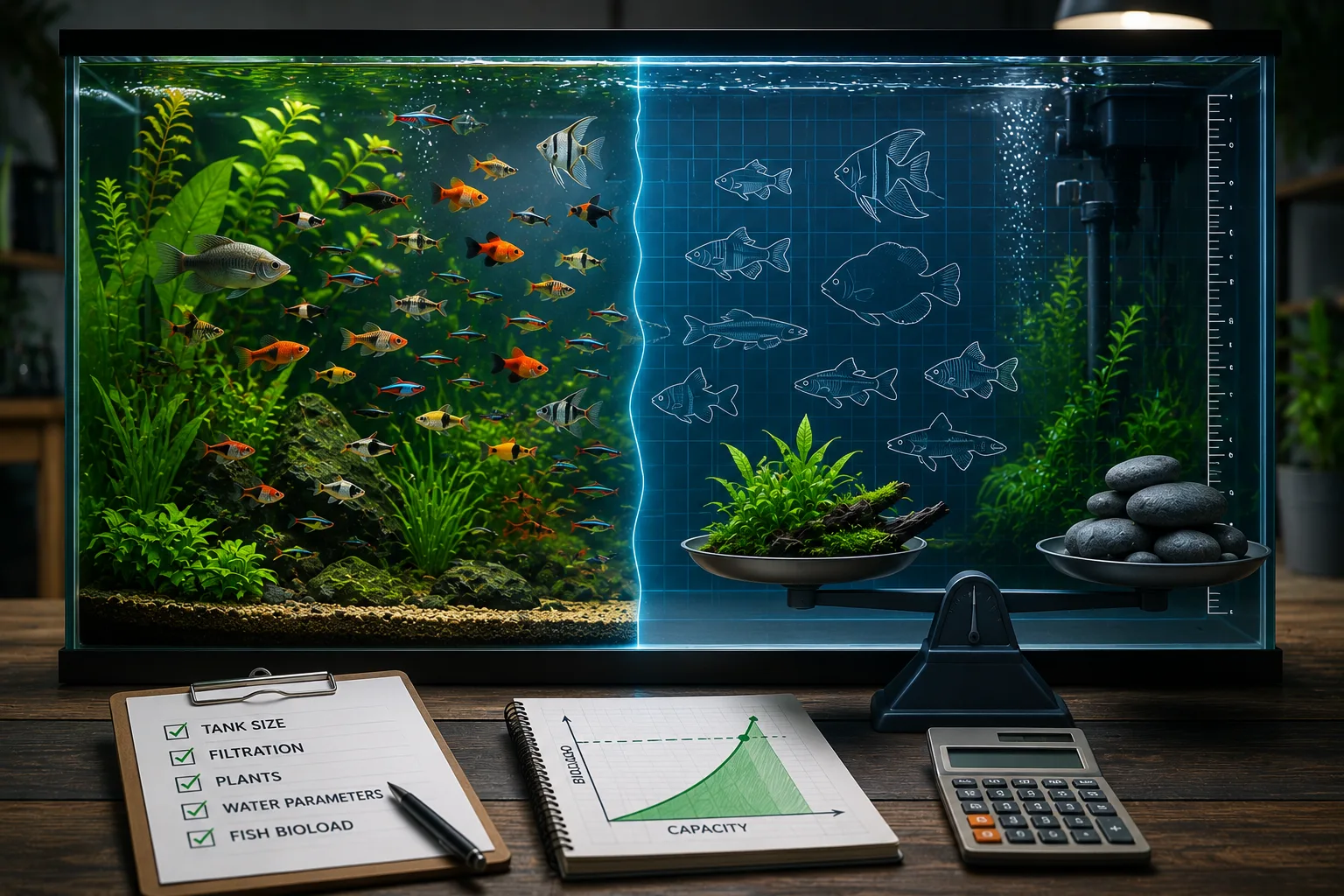 Freshwater community aquarium showing fish at multiple water column levels with visible filter, surface agitation and planted substrate illustrating stocking capacity