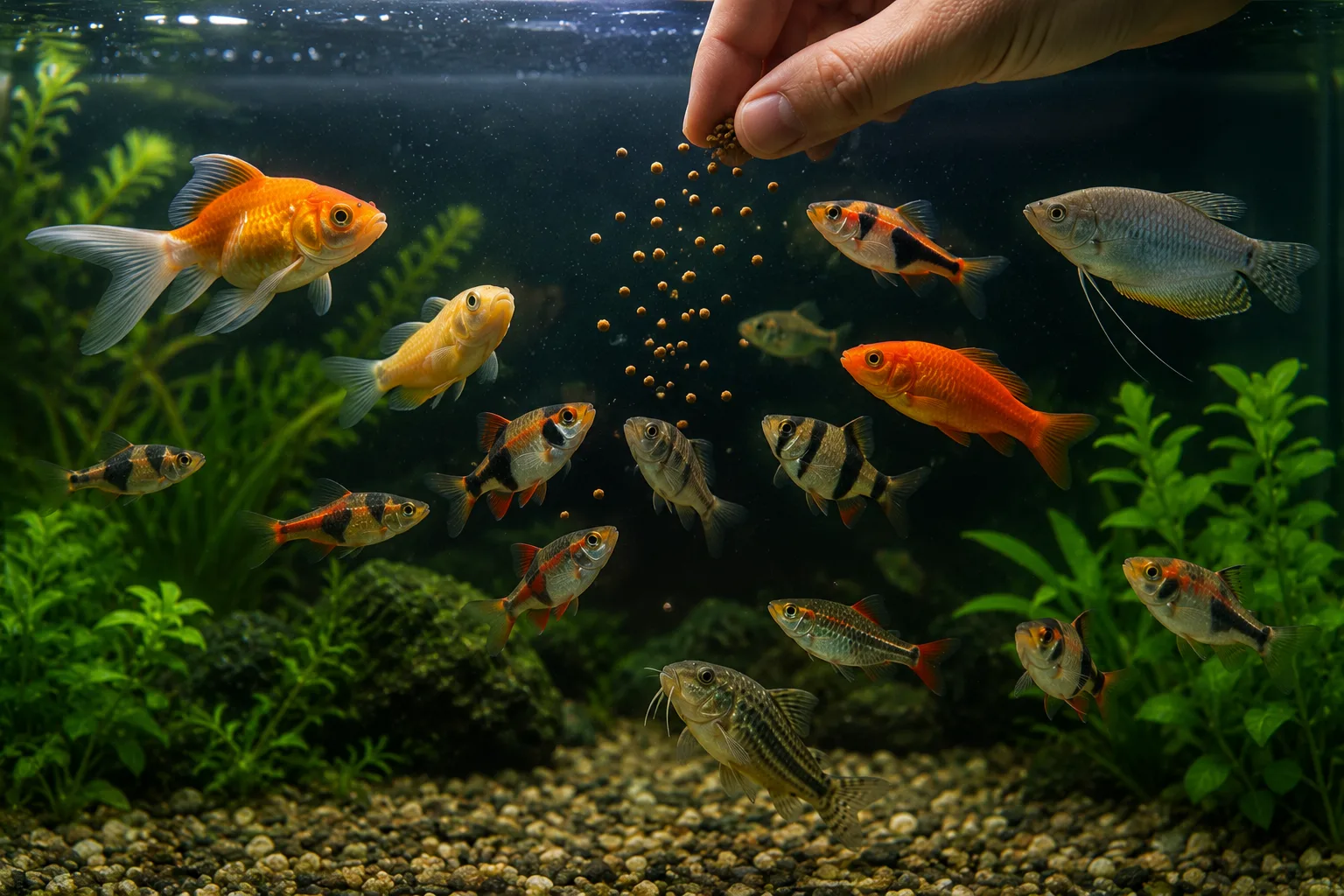 Hand dropping fish food flakes into a freshwater community aquarium with active fish feeding at the surface