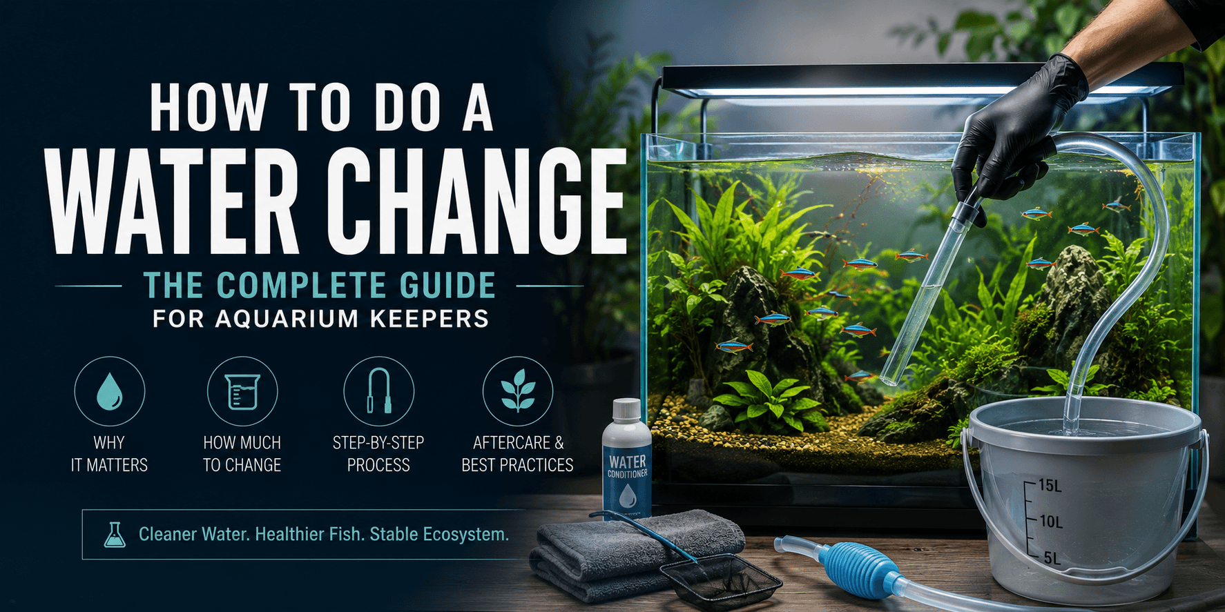 Performing an aquarium water change using a gravel vacuum siphon in a planted freshwater tank