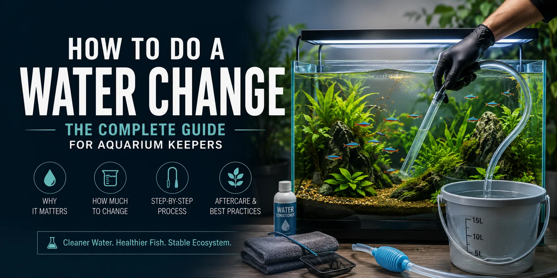 Performing an aquarium water change using a gravel vacuum siphon in a planted freshwater tank