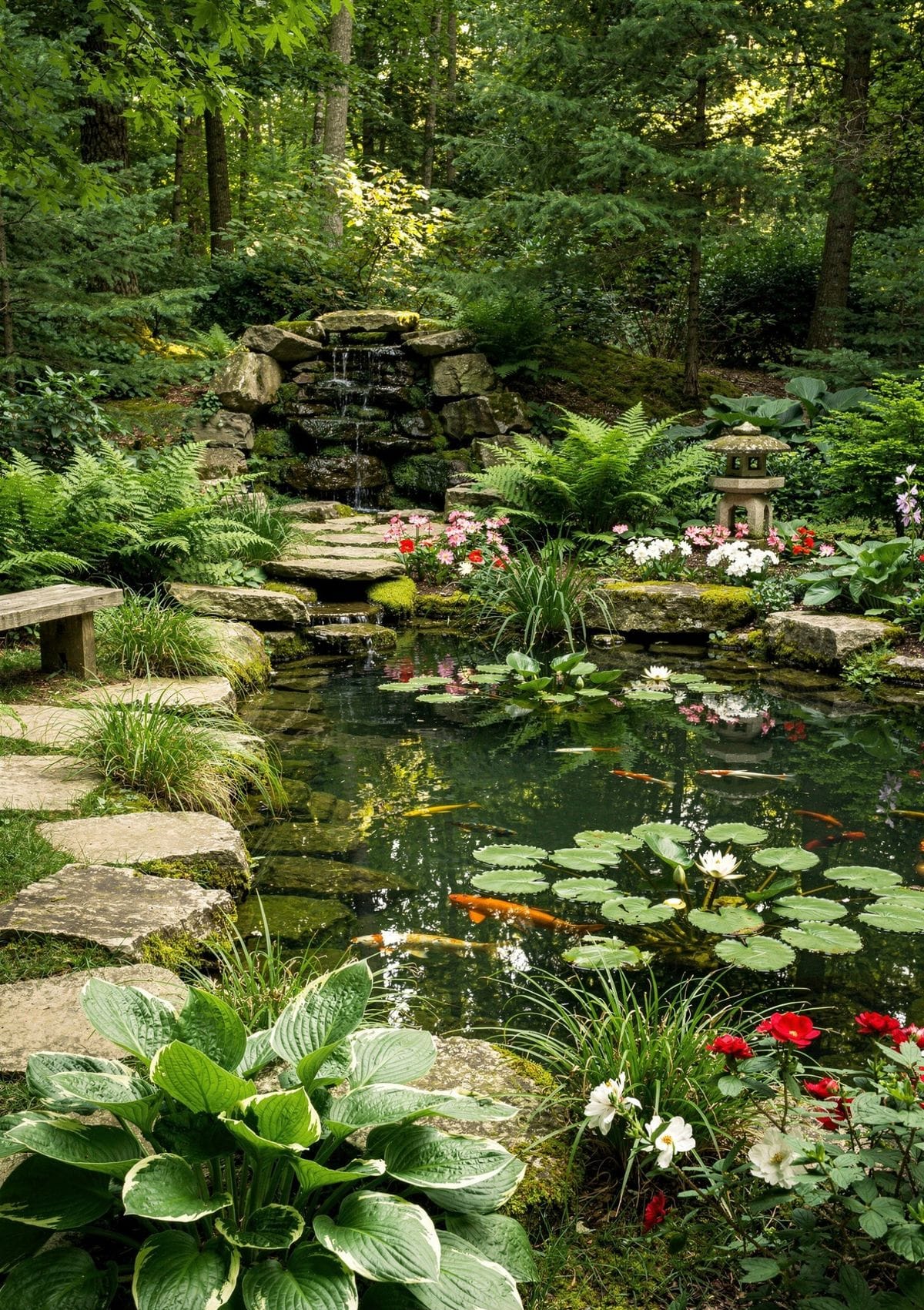 Koi pond setup in India — mature garden koi pond with orange and white koi, waterfall, and aquatic plants