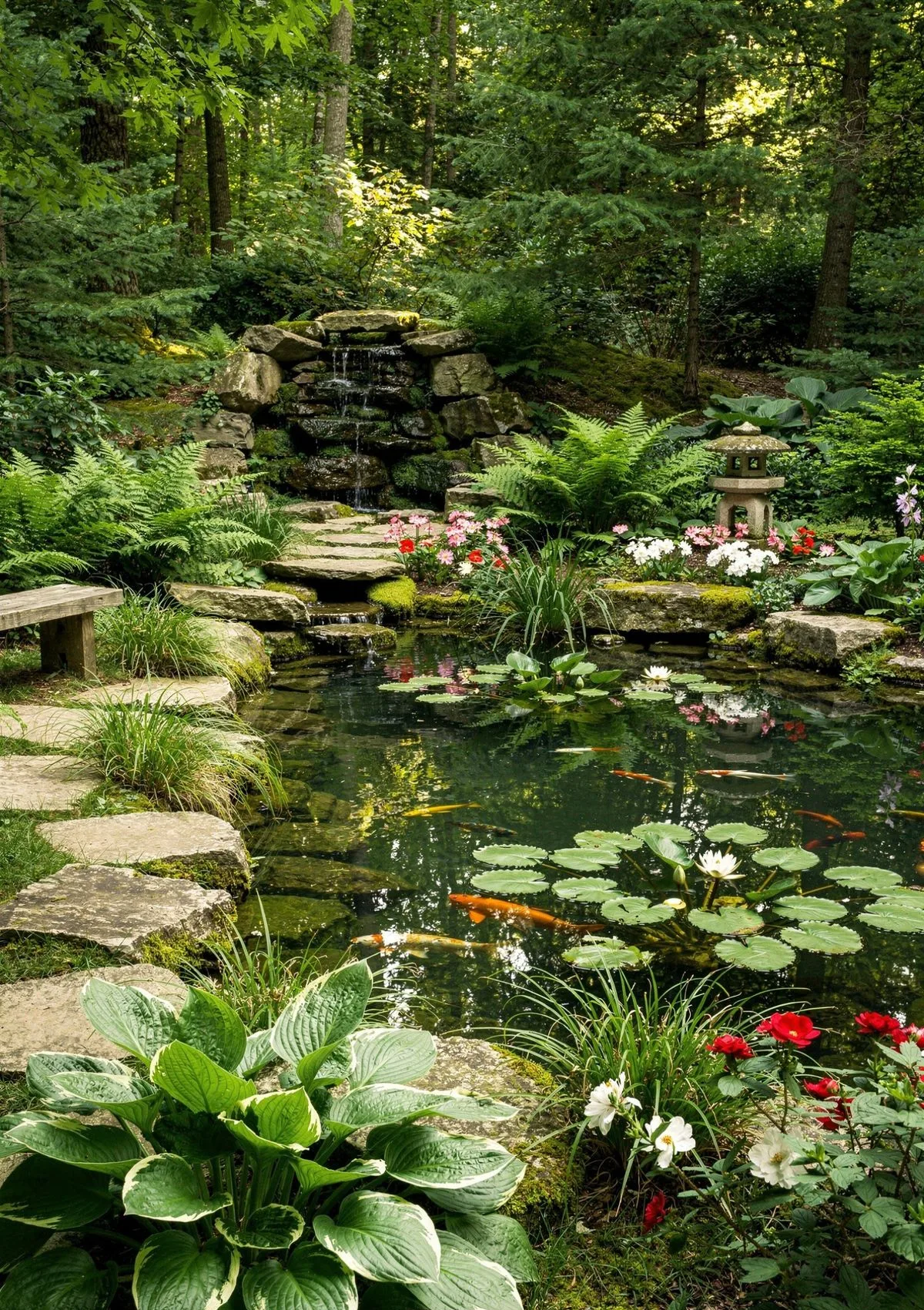 Koi pond setup in India — mature garden koi pond with orange and white koi, waterfall, and aquatic plants
