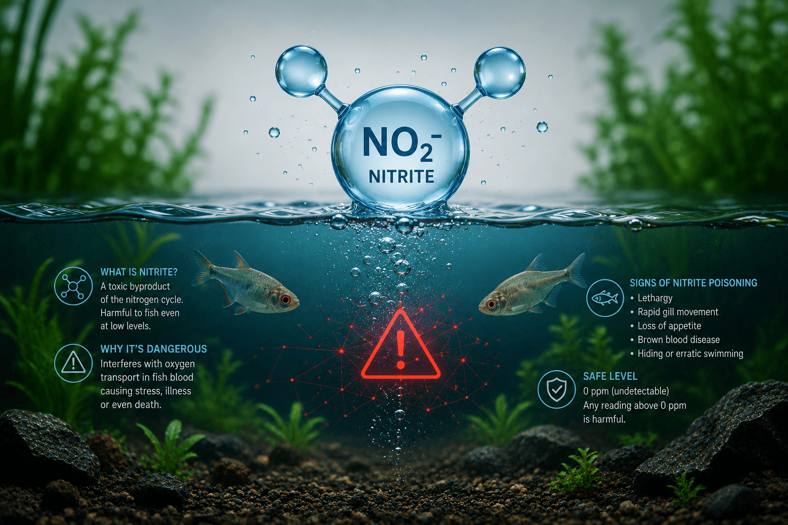 aquarium fish showing laboured breathing at the water surface — illustrating the symptoms of nitrite poisoning and brown blood disease in freshwater fish