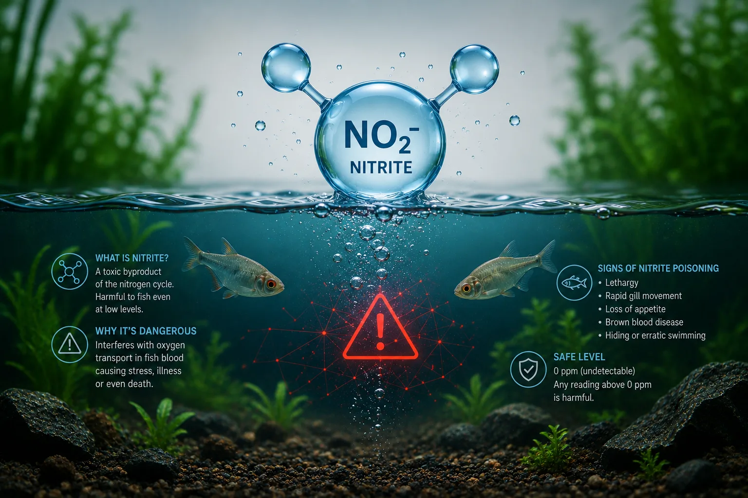 aquarium fish showing laboured breathing at the water surface — illustrating the symptoms of nitrite poisoning and brown blood disease in freshwater fish