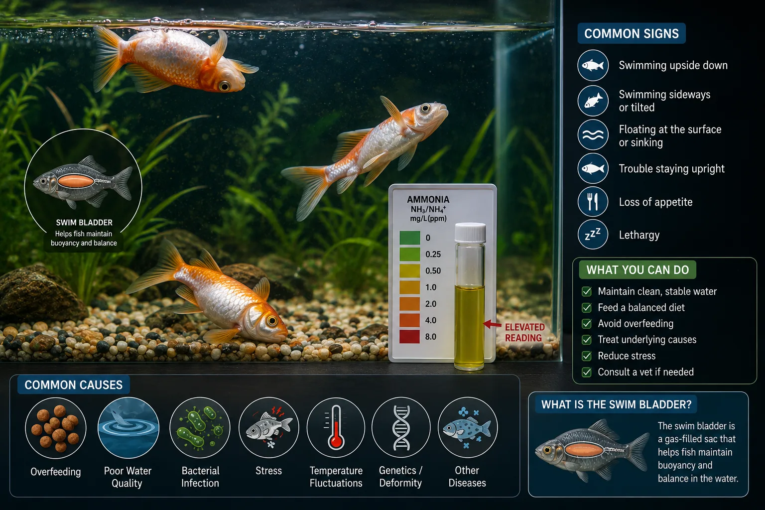 Goldfish floating upside down at the surface of an aquarium showing classic swim bladder disorder buoyancy disruption