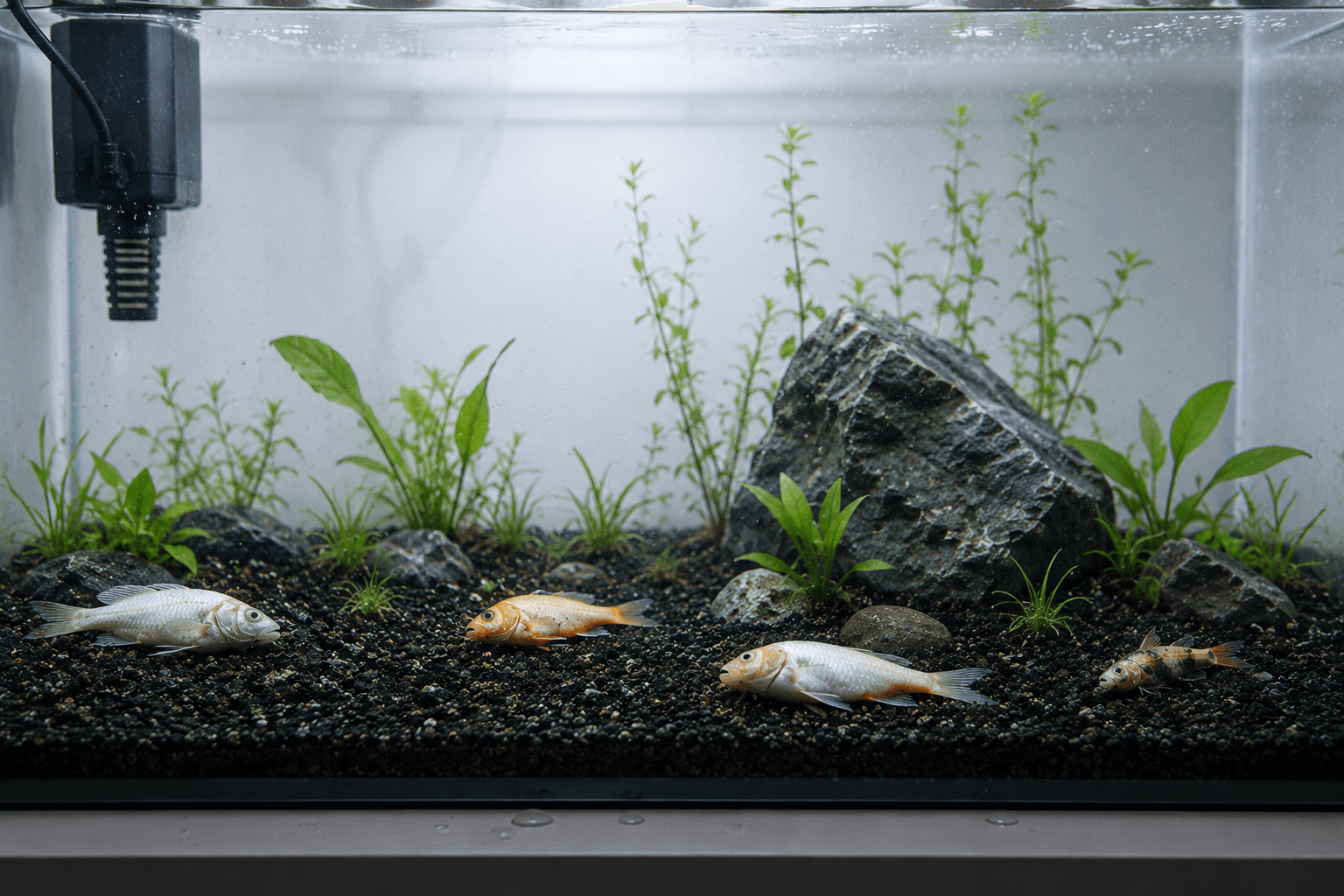 Dead fish floating at the surface of a new freshwater aquarium — the result of new tank syndrome and ammonia poisoning in an uncycled tank