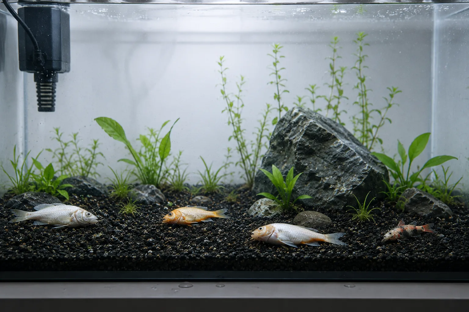 Dead fish floating at the surface of a new freshwater aquarium — the result of new tank syndrome and ammonia poisoning in an uncycled tank