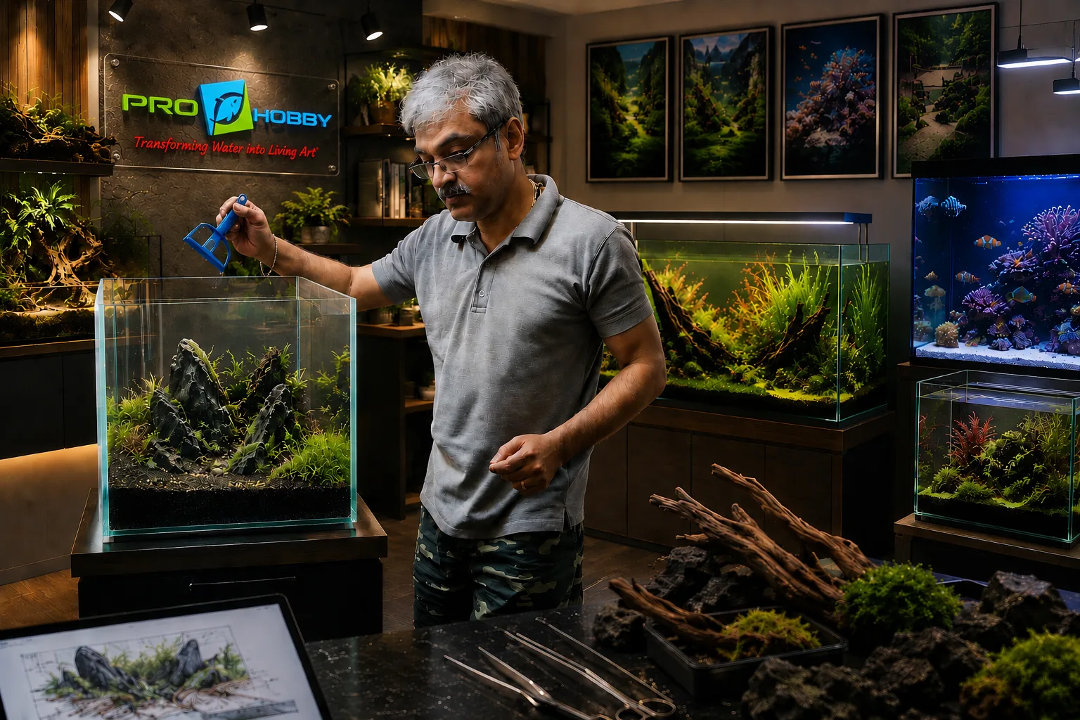 Aquarium specialist designing a nano aquascape at ProHobby™ studio — planted, reef and custom aquarium experts in Delhi NCR