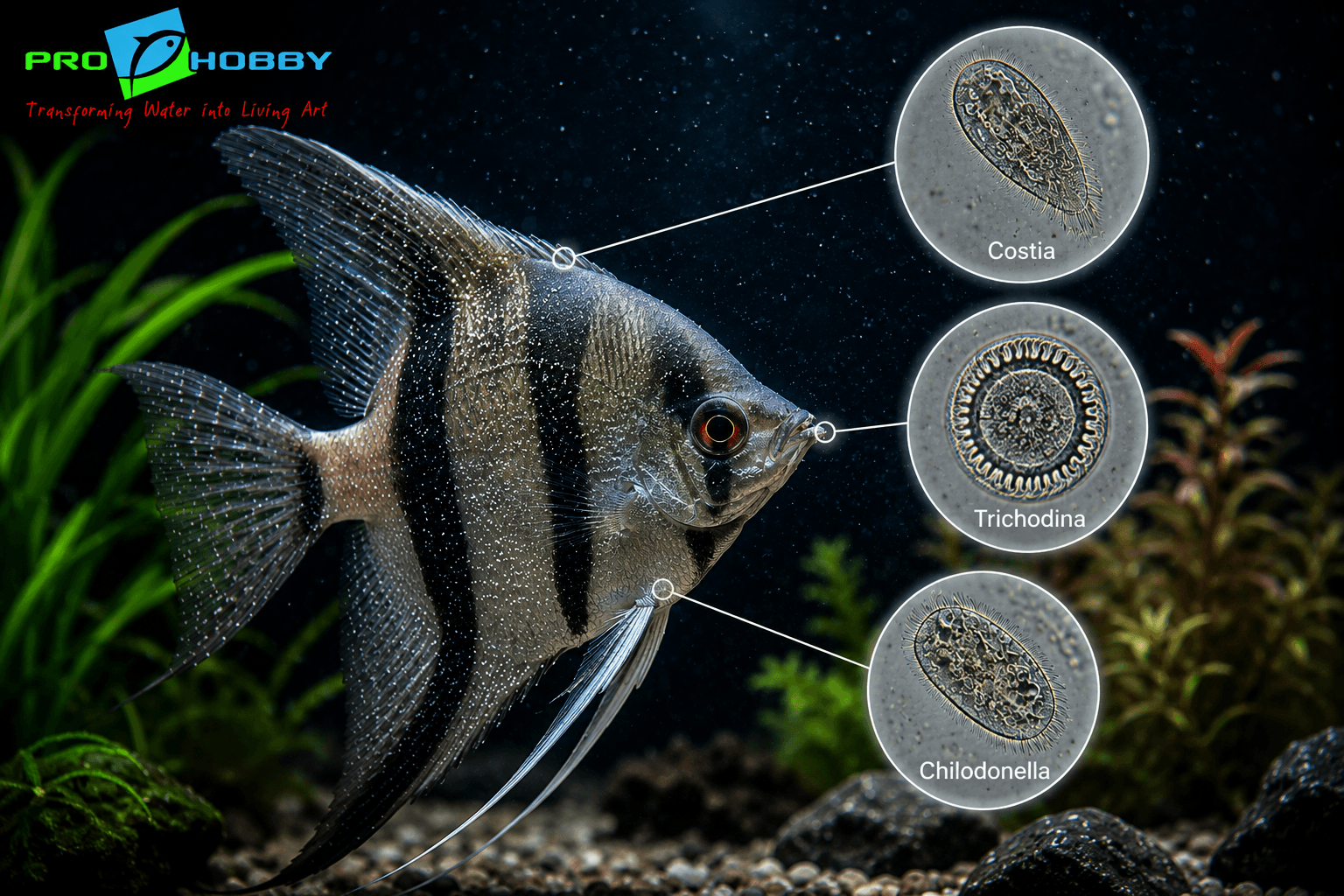 Freshwater aquarium fish showing signs of external protozoan parasite infection including Costia, Trichodina and Chilodonella