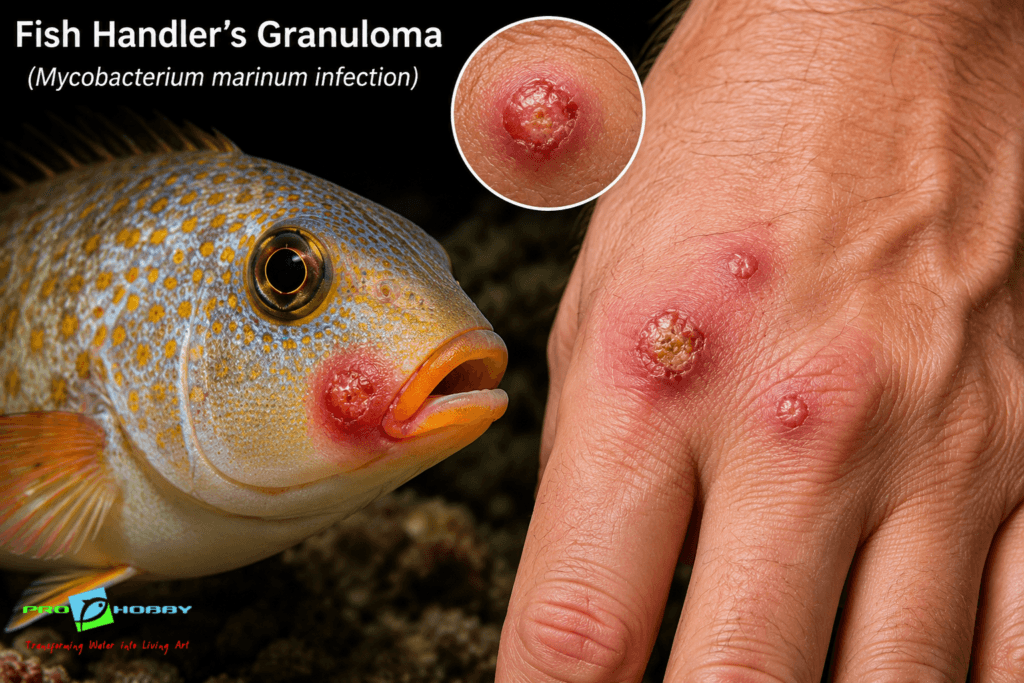 fish-handler's-granuloma-prohobby Aquarium fish and human hand showing Fish Handler’s Granuloma lesions caused by Mycobacterium marinum infection associated with aquarium exposure