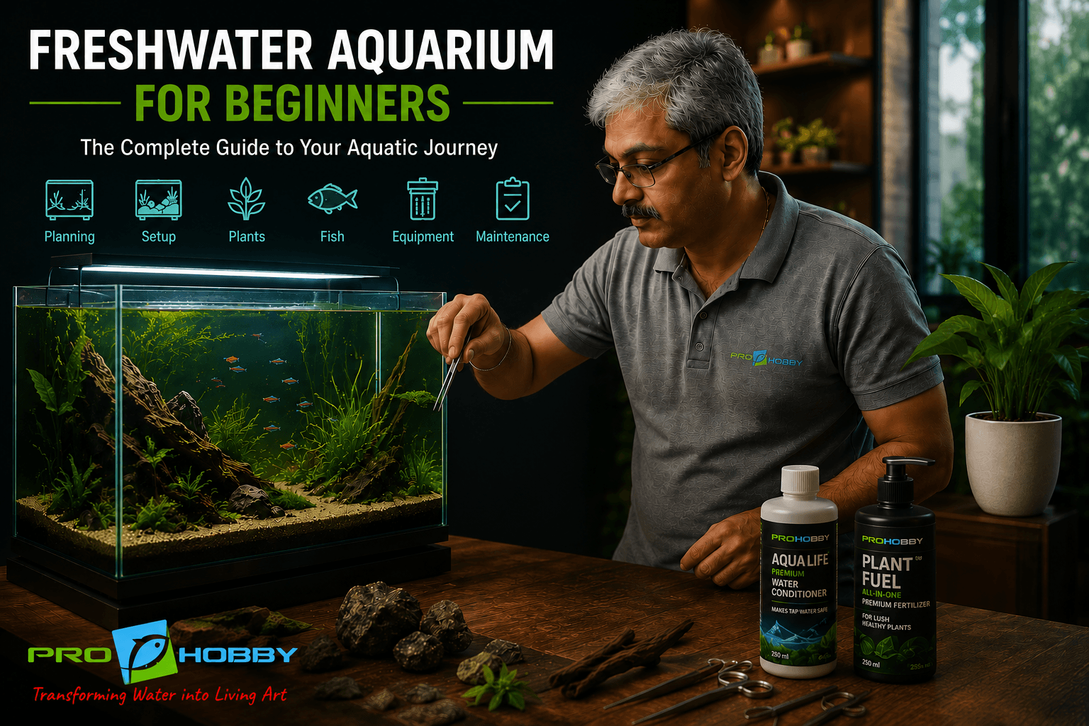 ProHobby™ specialist setting up a planted freshwater aquarium — complete beginner guide to aquarium setup in Delhi NCR