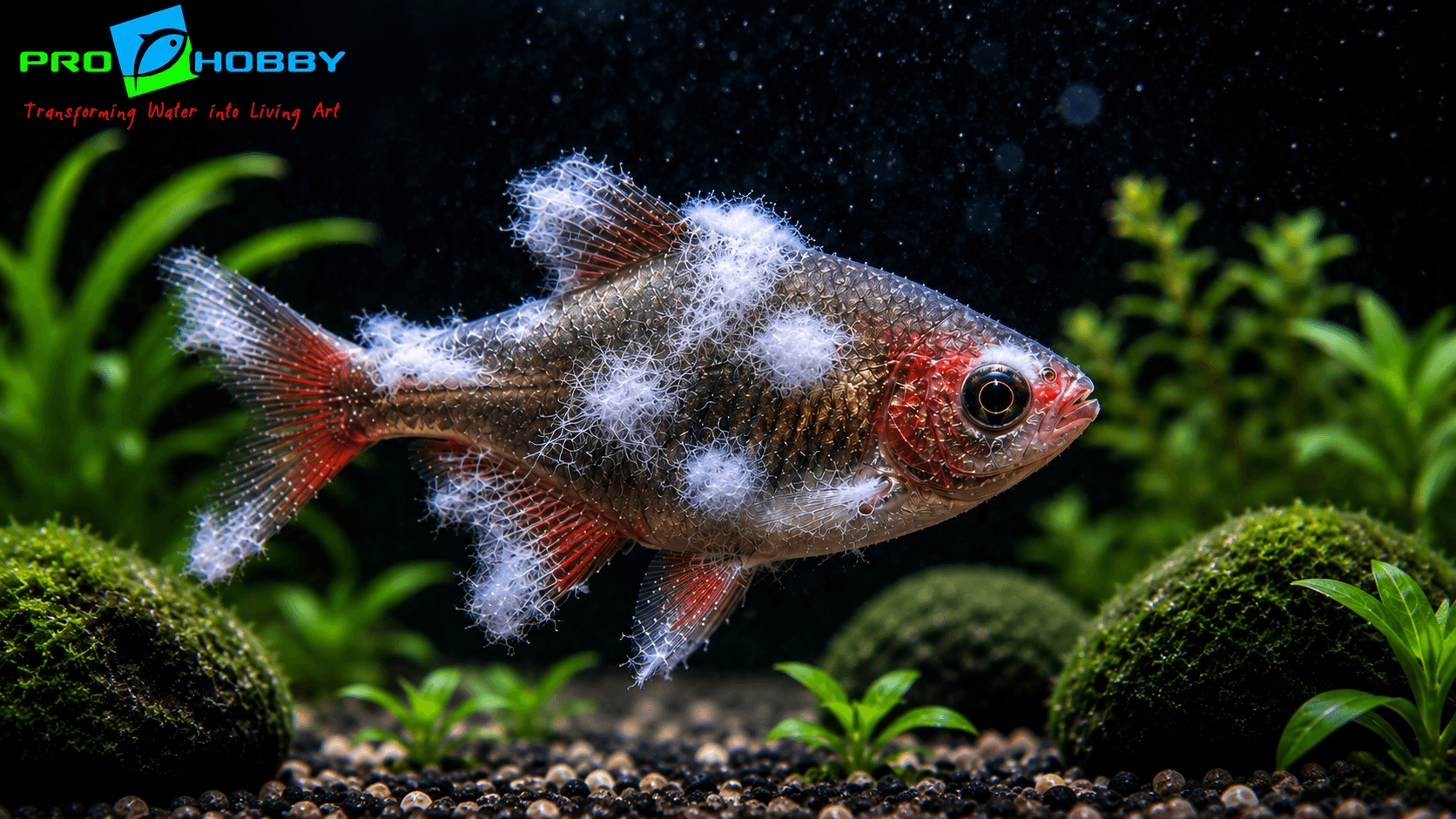 Aquarium fish affected by Saprolegnia fungal infection showing cotton-like white fungal growth on body and fins