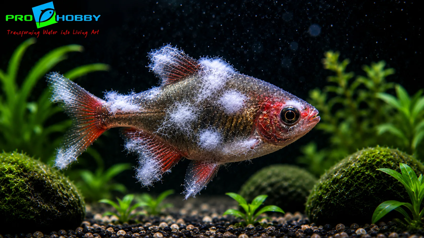 Aquarium fish affected by Saprolegnia fungal infection showing cotton-like white fungal growth on body and fins