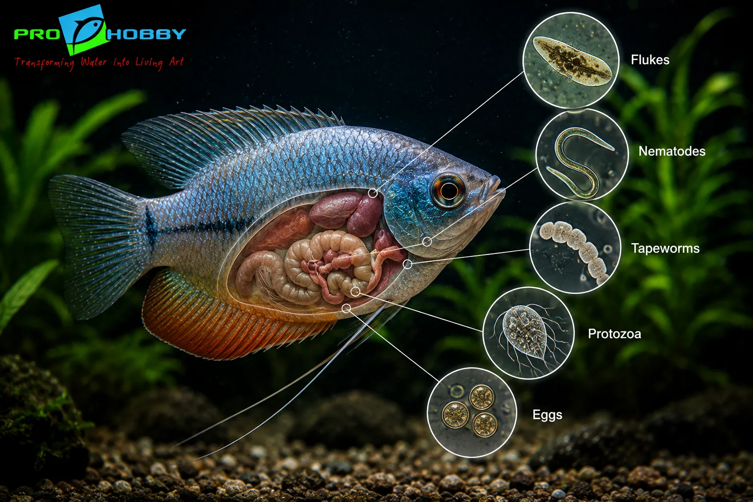 Aquarium fish showing internal parasite infection with illustrated view of nematodes, tapeworms, protozoa and eggs inside the digestive system