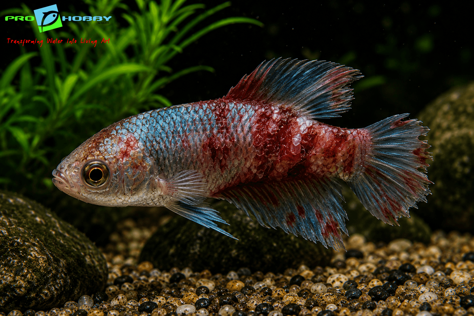 Aquarium fish with severe scale rot showing damaged scales, skin ulceration and inflamed tissue in a freshwater aquarium environment
